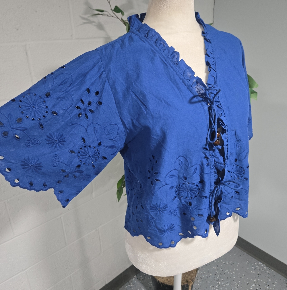 Cotton Eyelet Short Sleeve RuffledFeminine Blue Top Small Fairycore Preppy Coast